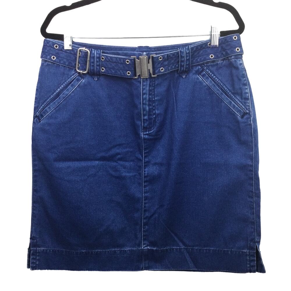 Liz Claiborne 90s Blue Medium Wash Flap Pocket Belted Denim Knee Length Skirt 14